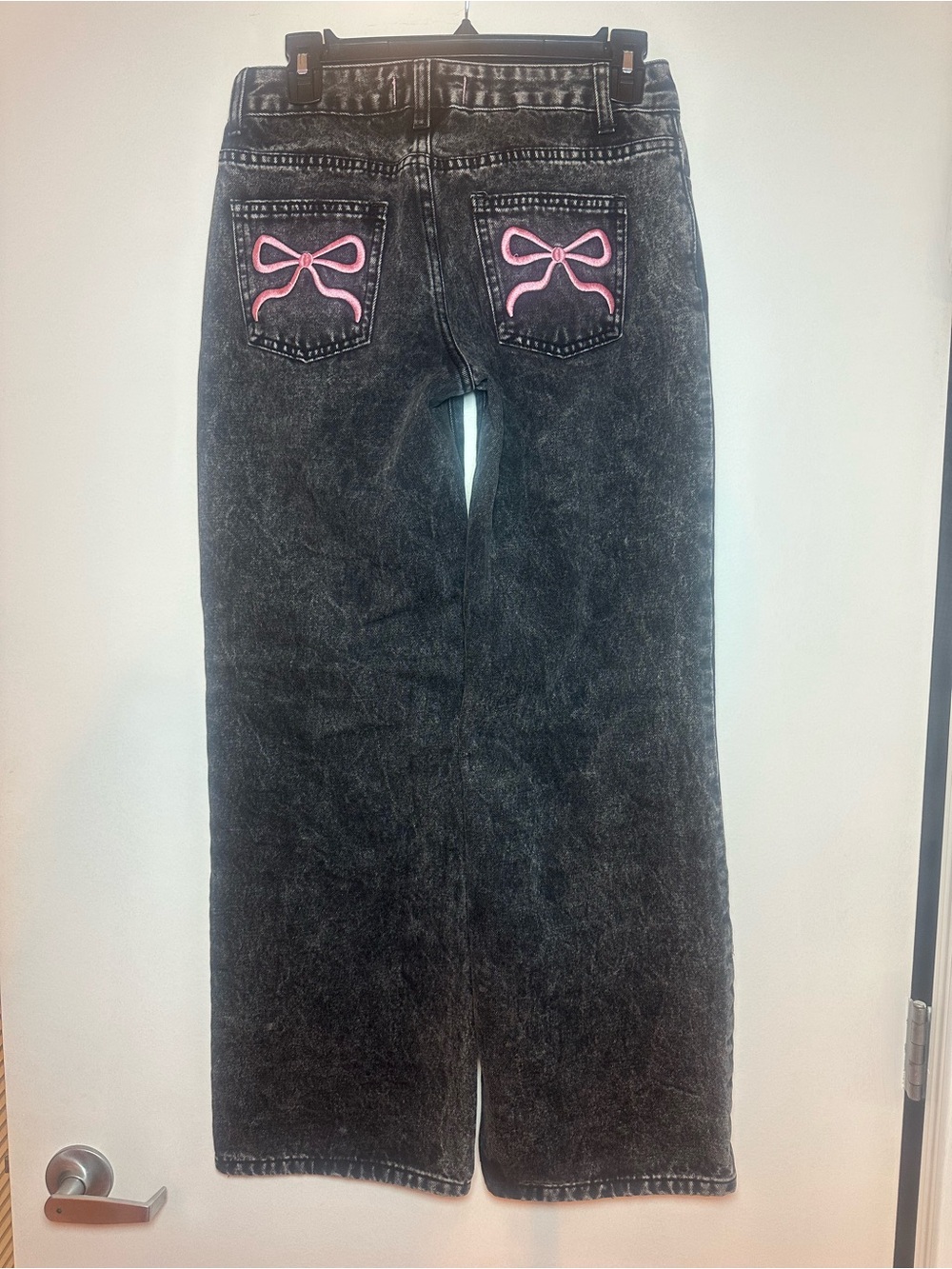 Women’s Black Wide Leg Jeans with Pink Bow Back Embroidery